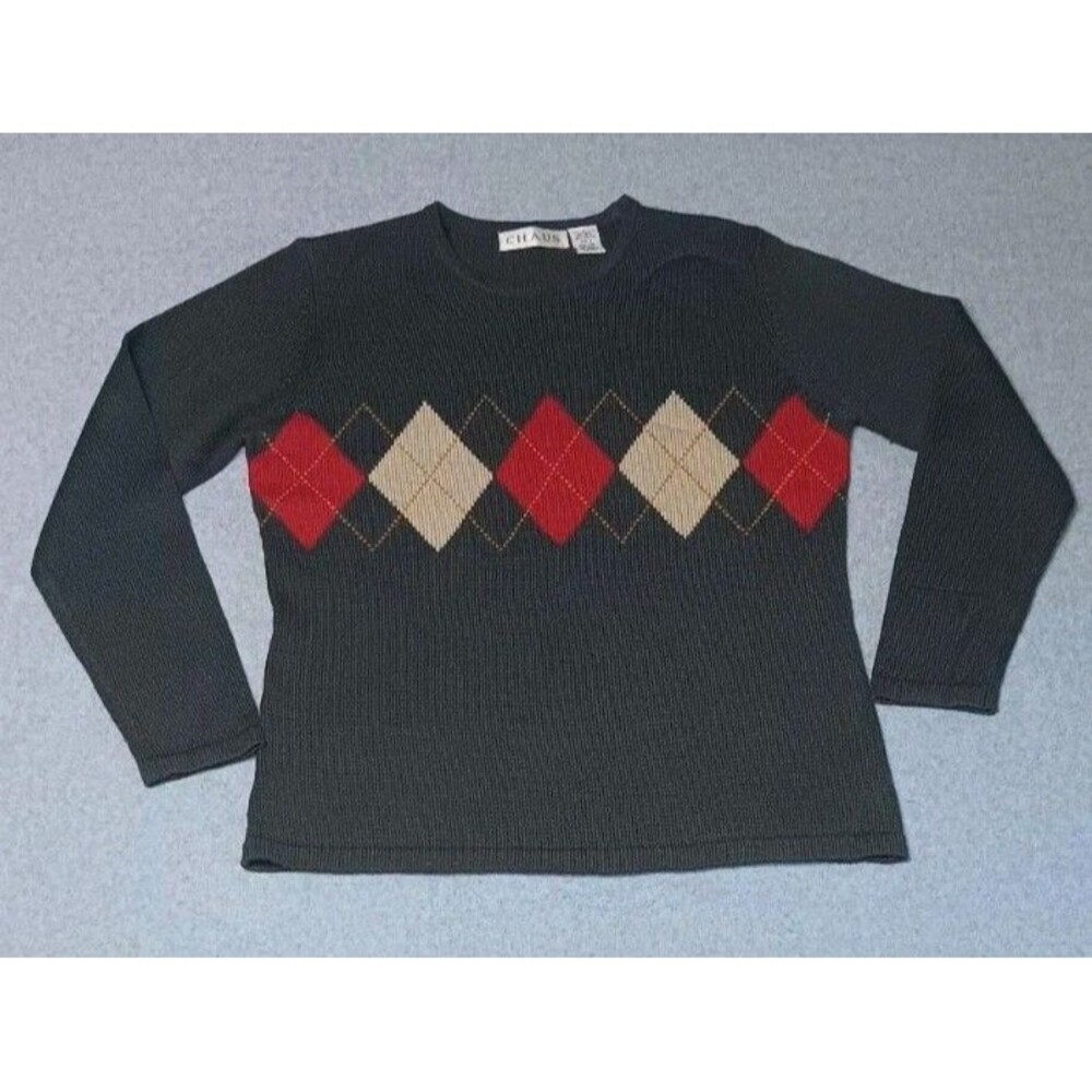 Chaus Wool Blend Argyle Pullover Sweater M Gray Diamond Preppy Dark Academia